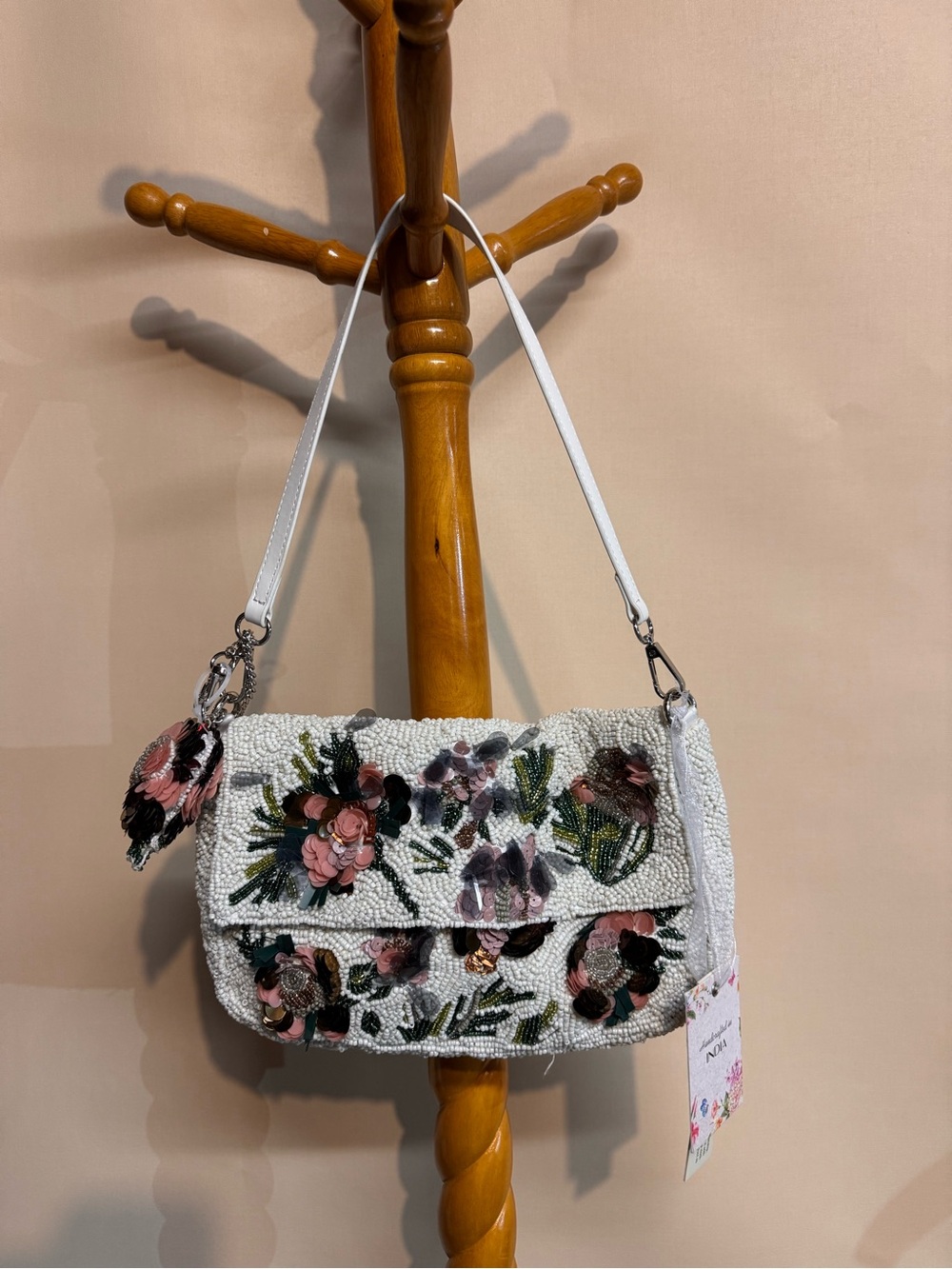 Beaded Handcrafted in India Floral Shoulder Bag with Bag Charm